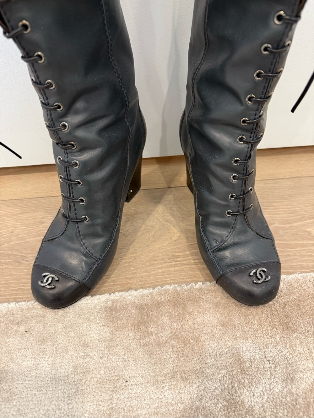 CHANEL Black Leather Over-the-Knee Lace-Up Boots - Picture 2 of 6